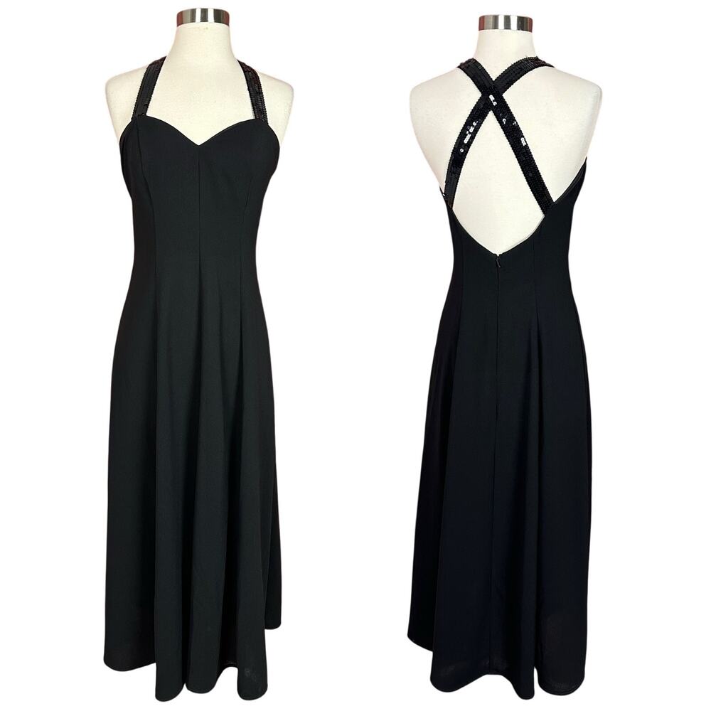 Vintage 90s Rampage Black Maxi Dress Sequin Straps Halter Neck Size 7